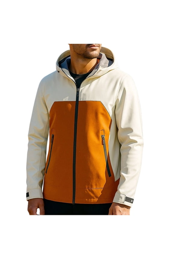 Mens Color Block Softshell Jackets,Hooded,Windbreaker,Water-Resistant,Casual Outerwear Coats,Orange,4XL