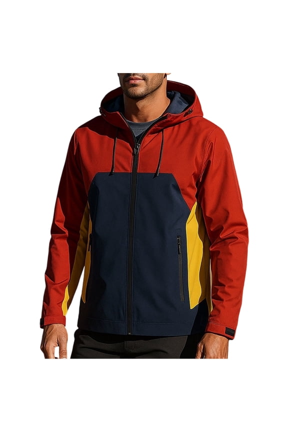 Mens Color Block Softshell Jackets,Hooded,Windbreaker,Water-Resistant,Casual Outerwear Coats,Red,2XL
