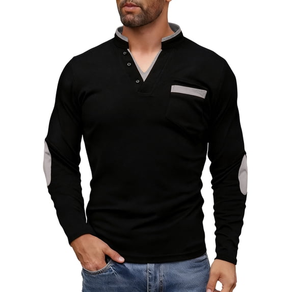 GuangCheng Mens Contrast Trim V-Neck Long Sleeve Shirts,Slim Fit,Soft,Comfortable,Button Placket,Chest Pocket,Elbow Patches Tops,Gray,Size 2XL