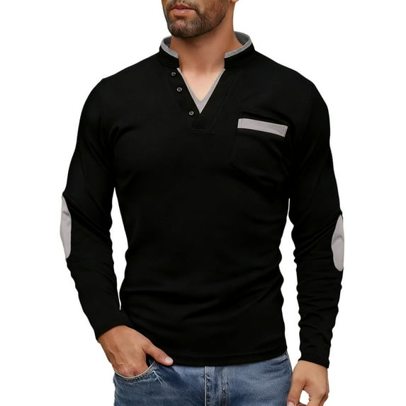 GuangCheng Mens Contrast Trim V-Neck Long Sleeve Shirts,Slim Fit,Soft,Comfortable,Button Placket,Chest Pocket,Elbow Patches Tops,Gray,Size S