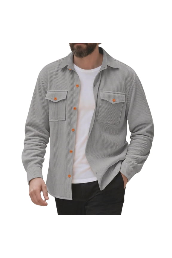 George Mens Corduroy Button Up Shirt Jackets Soft Thick Warm Chest Pockets Casual Outerwear Tops,Gray,L