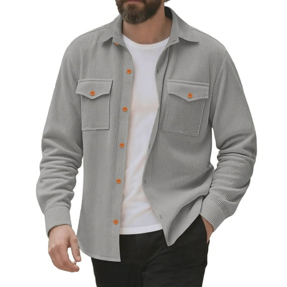 GuangCheng George Mens Corduroy Button Up Shirt Jackets Soft Thick Warm Chest Pockets Casual Outerwear Tops,Gray,M