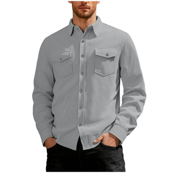 GuangCheng George Mens Corduroy Button Up Shirts,Long Sleeve,Casual,Top with Chest Pockets,Warm Fall Winter Piece,Gray,L