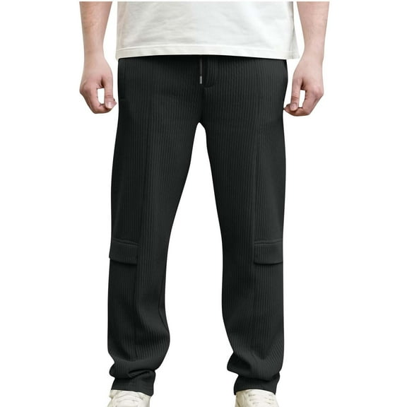 GuangCheng George Mens Corduroy Cargo Pants,Textured,Elastic Drawstring Waist,Side Pocket,Pull On,Casual Streetwear Trousers,Black,Size XL
