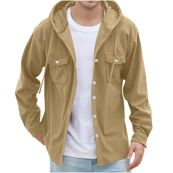GuangCheng George Mens Corduroy Hooded Shirt Jackets,Button-Up Casual Outerwear Drawstring Hooded Coats with Chest Pockets,Khaki,L