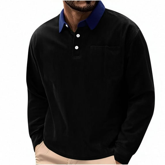 GuangCheng Mens Corduroy Shirts,Long Sleeve,Casual Tops,with Chest Pocket,Lapel Collared Design,Comfort Tops,Black,Size 4XL