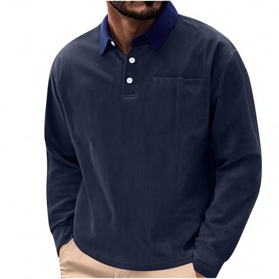 GuangCheng Mens Corduroy Shirts,Long Sleeve,Casual Tops,with Chest Pocket,Lapel Collared Design,Comfort Tops,Navy,Size 3XL