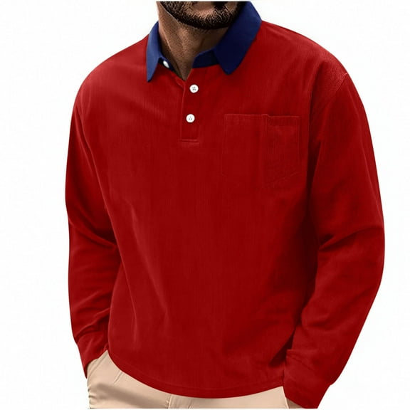 GuangCheng George Mens Corduroy Shirts,Long Sleeve,Casual Tops,with Chest Pocket,Lapel Collared Design,Comfort Tops,Red,Size 3XL