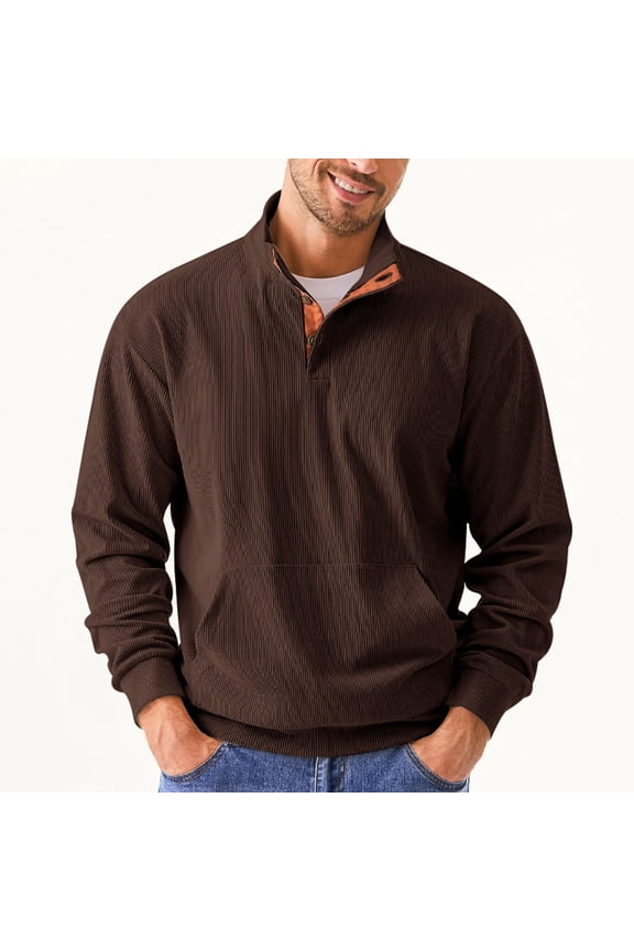Mens Corduroy Shirts Quarter Zip Pullover Elbow Patch Accent Stand Collar Soft Textured Blouses with Pockets,Coffee,L
