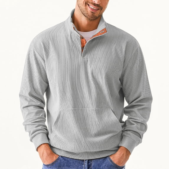 GuangCheng Mens Corduroy Shirts Quarter Zip Pullover Elbow Patch Accent Stand Collar Soft Textured Blouses with Pockets,Gray,3XL