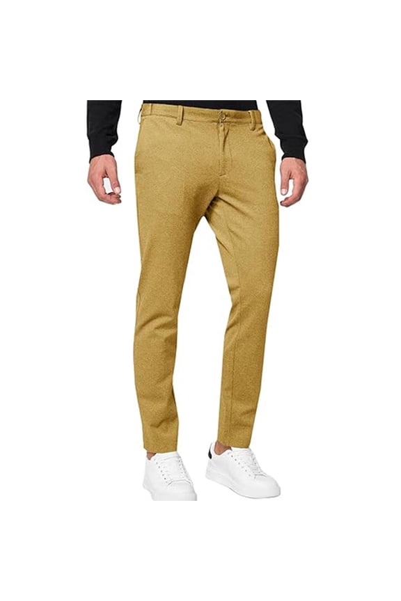 Mens Dress Pants,Slim Fit,Stretch,Chino Pants,Flat Front,Work Suit Trousers ,Khaki,Size M