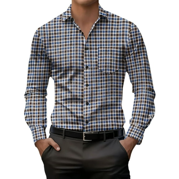 GuangCheng George Mens Dress Shirt Classic Checkered Long Sleeve Button Down Point Collar Chest Pocket Slim Fit Smart Casual Wear,Brown,3XL