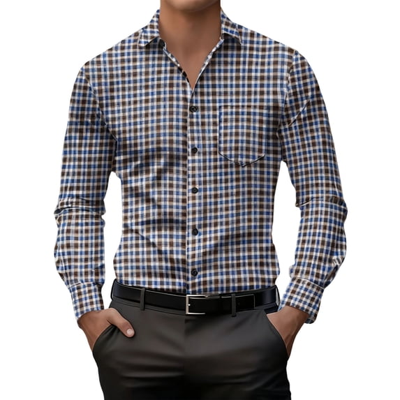 GuangCheng Mens Dress Shirt Classic Checkered Long Sleeve Button Down Point Collar Chest Pocket Slim Fit Smart Casual Wear,Brown,XL