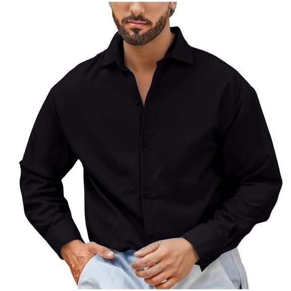 GuangCheng George Mens Dress Shirt Long Sleeve Button Down Classic Collar Wrinkle Resistant Slim Fit Smart Casual Tops,Black,2XL