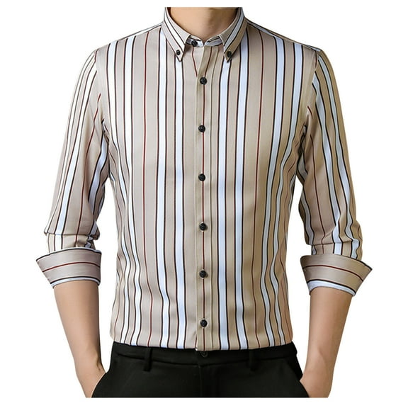 GuangCheng George Mens Dress Shirts,Slim Fit,Long Sleeve,Button Down,Striped,Casual,Business,Classic Collared Tops,Khaki,Size L