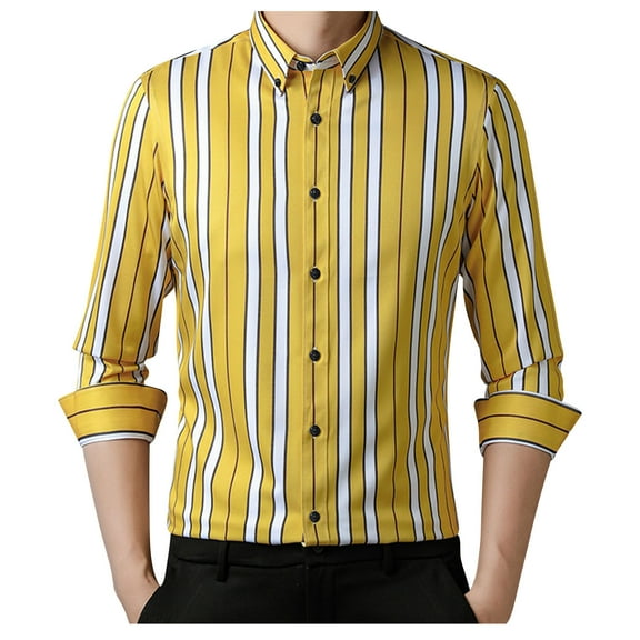 GuangCheng George Mens Dress Shirts,Slim Fit,Long Sleeve,Button Down,Striped,Casual,Business,Classic Collared Tops,Yellow,Size M