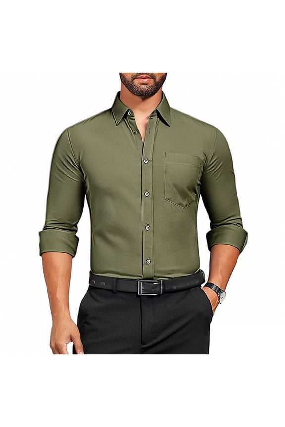 Mens Dress Shirts,Solid Color,Long Sleeve,Button Down,Regular Fit,Wrinkle-Resistant,Comfortable Formal Tops,Army Green,Size L