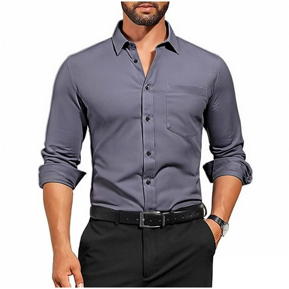 GuangCheng Mens Dress Shirts,Solid Color,Long Sleeve,Button Down,Regular Fit,Wrinkle-Resistant,Comfortable Formal Tops,Dark Gray,Size 3XL