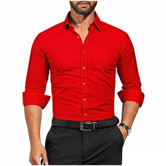 GuangCheng Mens Dress Shirts,Solid Color,Long Sleeve,Button Down,Regular Fit,Wrinkle-Resistant,Comfortable Formal Tops,Red,Size M