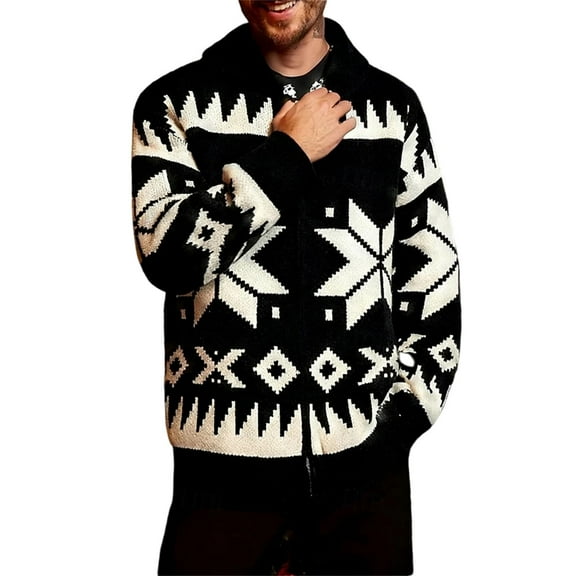 GuangCheng George Mens Fair Isle Pattern Zip-Up Sweaters Coats Knitted Cardigans with Shawl Collar,Black,M