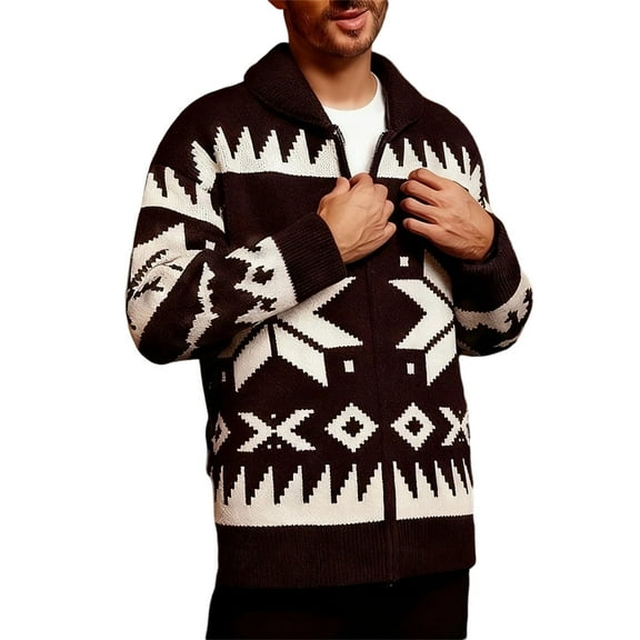 GuangCheng Mens Fair Isle Pattern Zip-Up Sweaters Coats Knitted Cardigans with Shawl Collar,Coffee,L