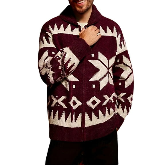 GuangCheng George Mens Fair Isle Pattern Zip-Up Sweaters Coats Knitted Cardigans with Shawl Collar,Red,M