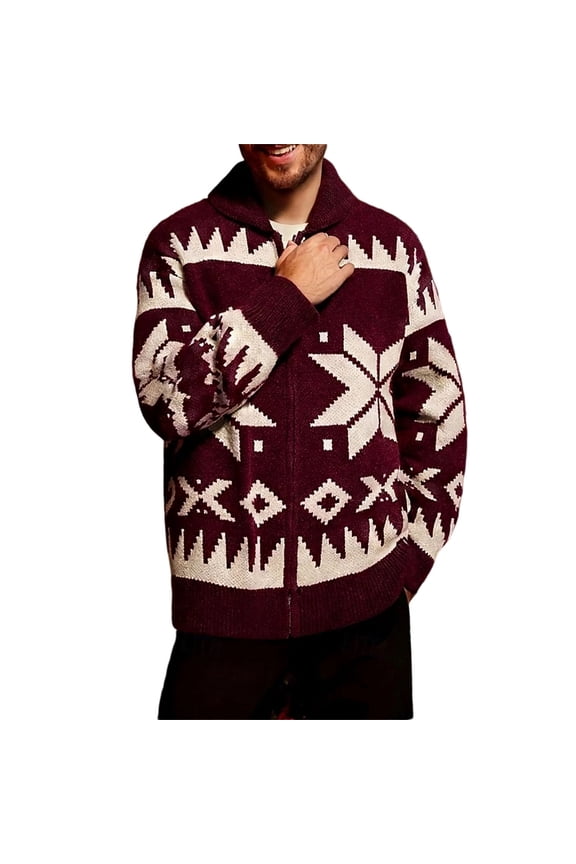 Mens Fair Isle Pattern Zip-Up Sweaters Coats Knitted Cardigans with Shawl Collar,Red,XL