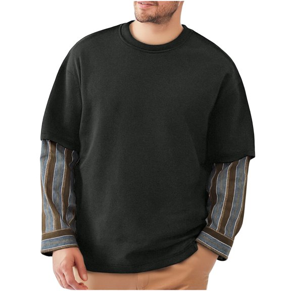 GuangCheng Mens Fake Two-Piece Long Sleeve T-Shirts with Striped Cuffs,Oversized Fit,Soft,Crewneck,Casual Sweatshirts,Dark Gray,Size L