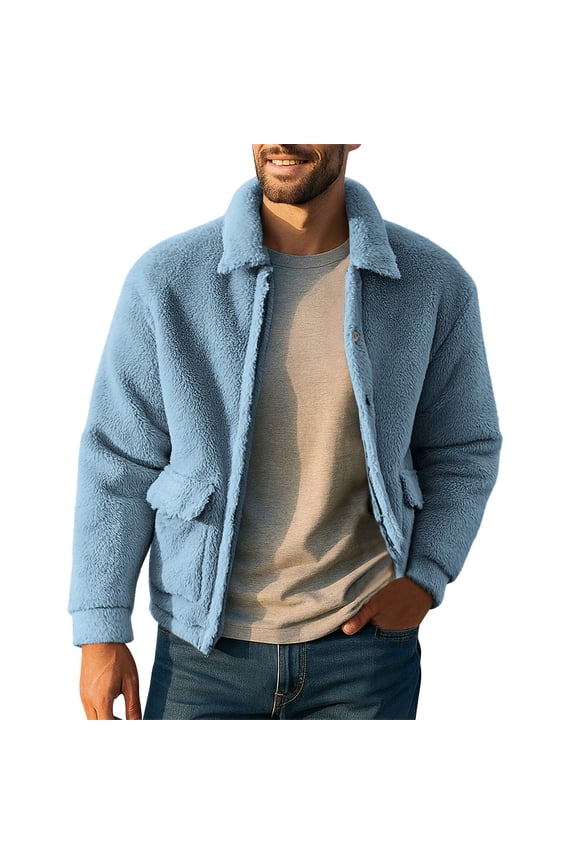 George Mens Faux Shearling Bomber Jackets,Plush Fleece,Shirt Jacket,Casual,Button Up Outerwear,with Pockets,Navy,L