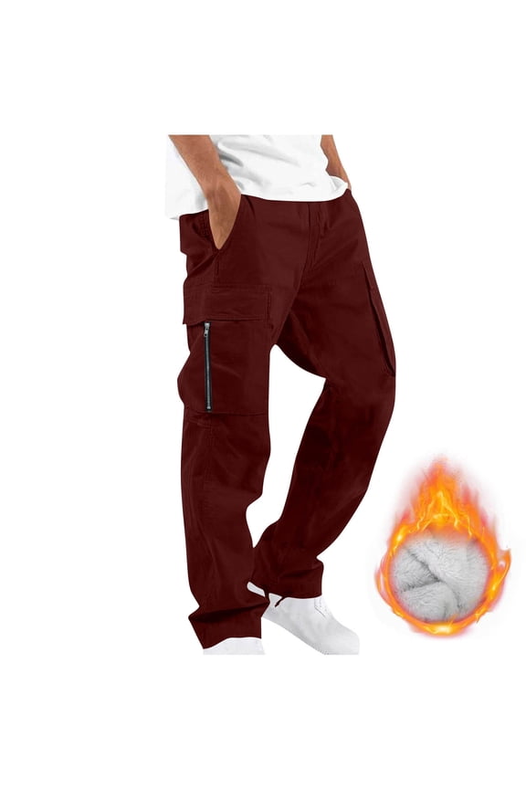 Mens Fleece Cargo Pants,Zip Pockets,Warm,Thick,Work Trousers,Outdoor Military Pants,Wine,Size S