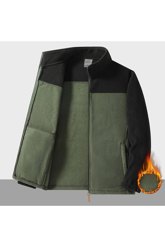 Mens Fleece Jacket Colorblock Full Zip Quilted Lining Warm Thermal Chest Pocket Outdoor Coats,Army Green,4XL