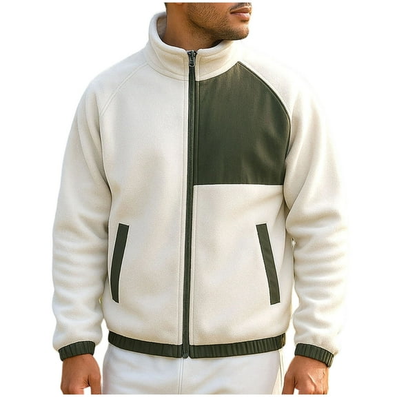 GuangCheng George Mens Fleece Jackets,Full Zip,Casual,Outerwear,Stand Collar Coats,with Zippered Pockets,Beige,4XL