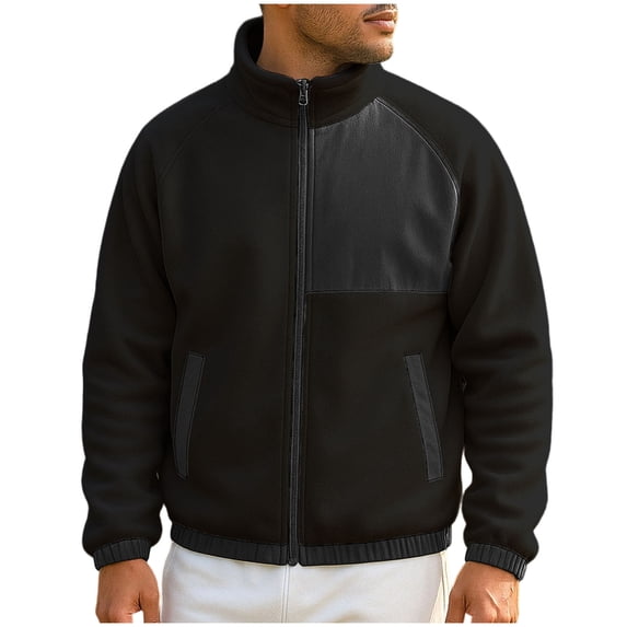 GuangCheng Mens Fleece Jackets,Full Zip,Casual,Outerwear,Stand Collar Coats,with Zippered Pockets,Black,4XL
