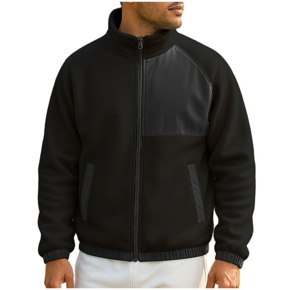 GuangCheng George Mens Fleece Jackets,Full Zip,Casual,Outerwear,Stand Collar Coats,with Zippered Pockets,Black,L