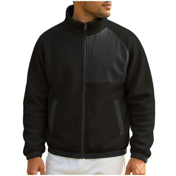 GuangCheng Mens Fleece Jackets,Full Zip,Casual,Outerwear,Stand Collar Coats,with Zippered Pockets,Black,L