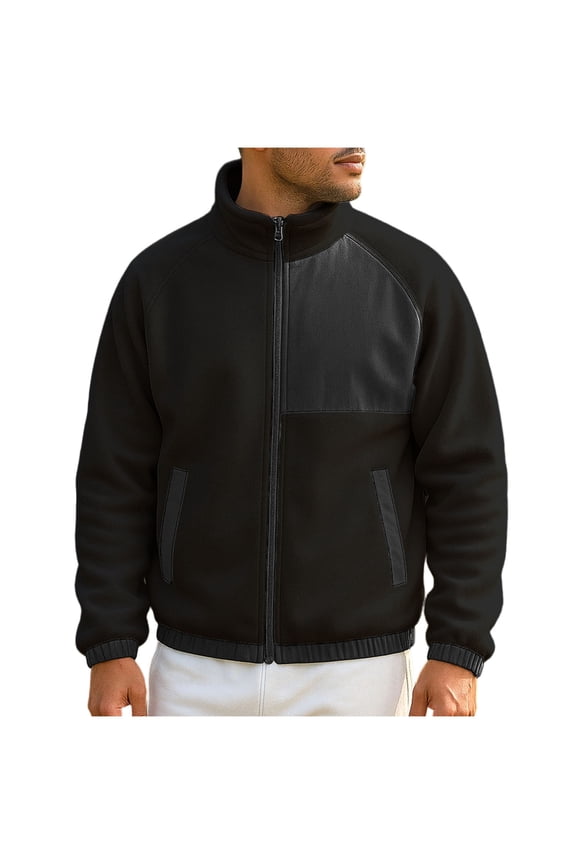 Mens Fleece Jackets,Full Zip,Casual,Outerwear,Stand Collar Coats,with Zippered Pockets,Black,L