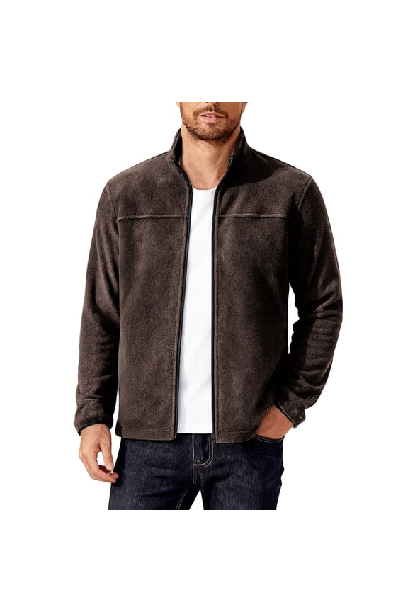 Mens Fleece Jackets,Full Zip,Polar Fleece,Outerwear,Casual,Softshell Coat,with Stand Collar,Brown,S