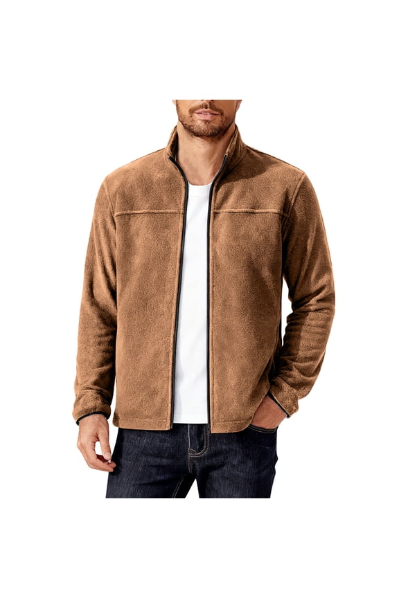 Mens Fleece Jackets,Full Zip,Polar Fleece,Outerwear,Casual,Softshell Coat,with Stand Collar,Coffee,S