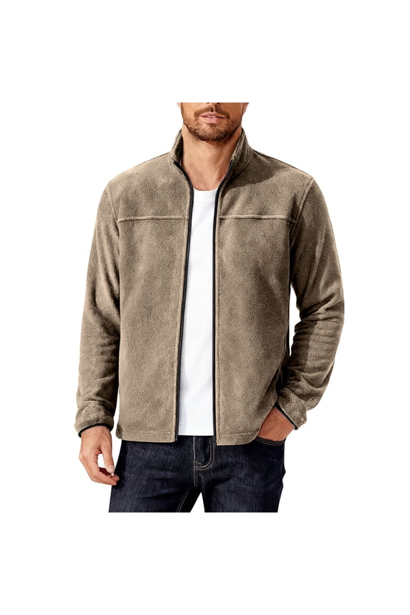 George Mens Fleece Jackets,Full Zip,Polar Fleece,Outerwear,Casual,Softshell Coat,with Stand Collar,Khaki,M