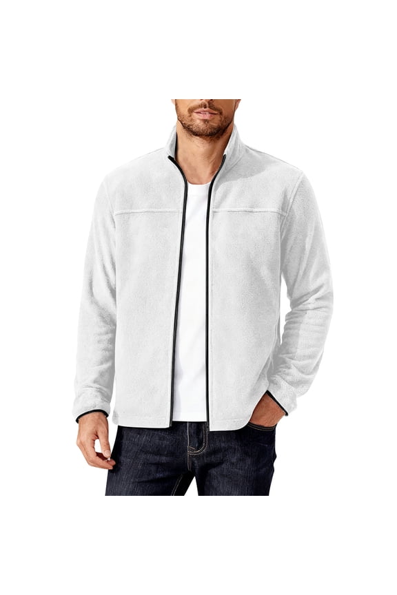 Mens Fleece Jackets,Full Zip,Polar Fleece,Outerwear,Casual,Softshell Coat,with Stand Collar,White,S