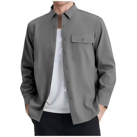 GuangCheng George Mens Fleece Lined Shirt Jackets,Long Sleeve Button Up,Casual,Outerwear with Chest Pocket,Gray,L