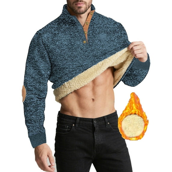 GuangCheng Mens Fleece Lined Sweatshirts,Half Zip,Pullover,Thermal Warm Tops,Sherpa Interior,Elbow Patches Tops,Blue,Size 3XL