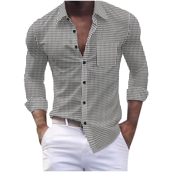 GuangCheng Mens Gingham Check Long Sleeve Button Down Shirts,Regular Fit,Soft,Muscle Fit Dress Shirts,Black,Size 2XL