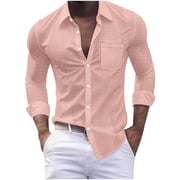 GuangCheng Mens Gingham Check Long Sleeve Button Down Shirts,Regular Fit,Soft,Muscle Fit Dress Shirts,Pink,Size XL