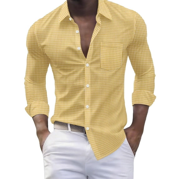 GuangCheng Mens Gingham Check Long Sleeve Button Down Shirts,Regular Fit,Soft,Muscle Fit Dress Shirts,Yellow,Size S