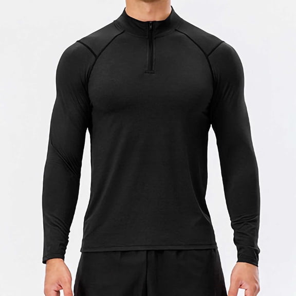 GuangCheng George Mens Half Zip Pullover Athletic Tops,Moisture Wicking,Sport,Compression,Base Layer,Long Sleeve,Tight Fit Shirts,Black,Size L