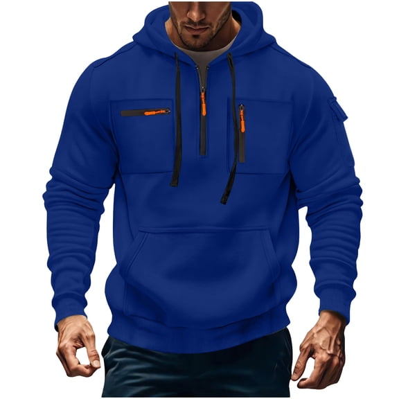 GuangCheng George Mens Half Zip Pullover Hoodies,Casual,Fleece,Warm,Sweatshirts with Utility Pockets,Blue,L