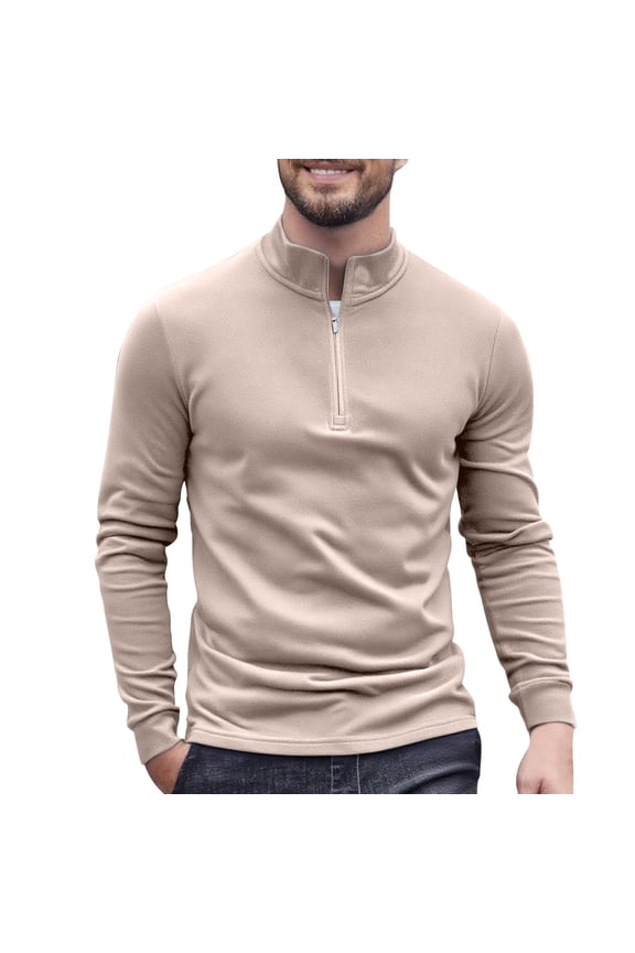 Mens Half Zip Pullover Sweatshirts,Casual Athletic Tops,Comfort,Stretch Fit,Warm Skinny Tops,Khaki,Size M