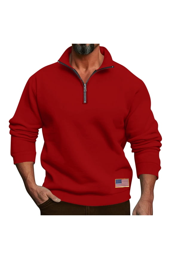 Mens Half Zip Pullover Sweatshirts,Patriotic,USA Flag Patch,Casual Soft Warm Tops,Red,Size L