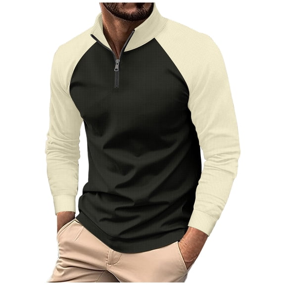 GuangCheng George Mens Half Zip Shirts Pullover Raglan Sleeve Contrast Color Block Sporty Athletic Fit Stretch Casual Blouses,Khaki,XL